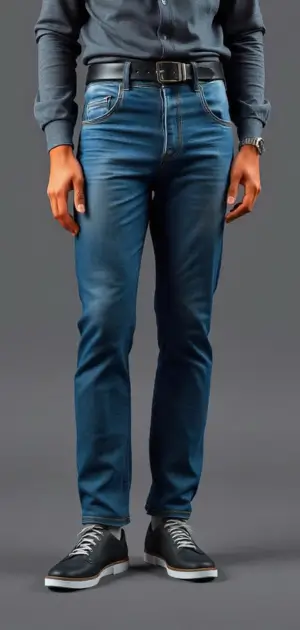 Man in medium blue slub jeans with a black belt and casual sneakers
