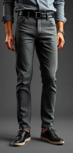 Man in charcoal grey slub jeans with a black belt and leather sneakers