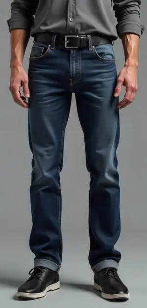 Man wearing dark blue slub jeans with a black belt and sneakers