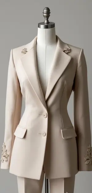Cream blazer with intricate shoulder embroidery