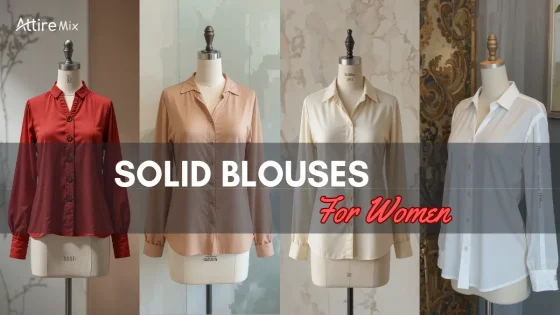 Four stylish solid-color blouses for women, displayed on mannequins in various shades.