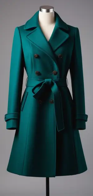 Teal belted coat with dark buttons