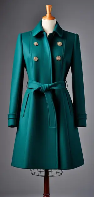 Teal belted coat with elegant golden buttons