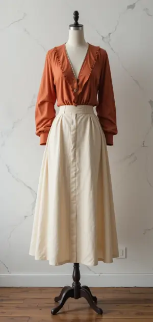 Rust blouse and beige solid skirt displayed on a mannequin.