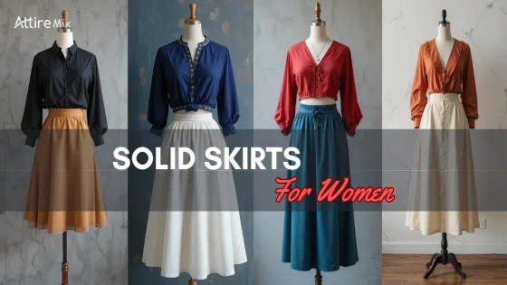 Assorted solid skirts paired with blouses on mannequins.
