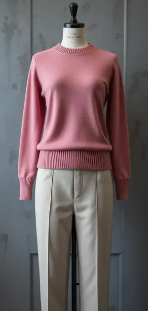 Mannequin sporting a pastel pink sweater and light beige trousers