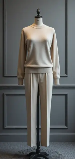 Mannequin showcases a classic beige sweater and trousers