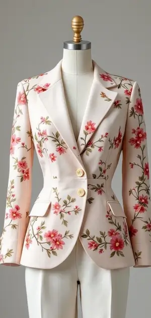 Cream blazer with bright red floral embroidery