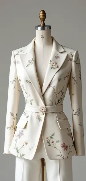 White blazer with soft green and purple floral embroidery