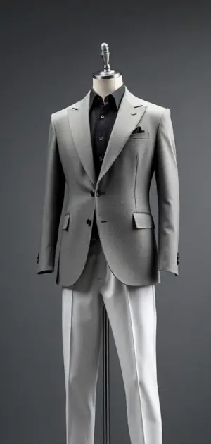 A grey blazer with a black shirt and white trousers, displayed on a mannequin