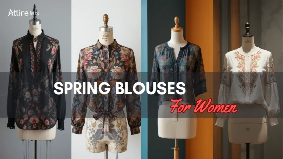 Four stylish spring blouses with floral patterns displayed on mannequins.