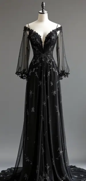 Black sheer gown with floral appliqué and flowing sleeves