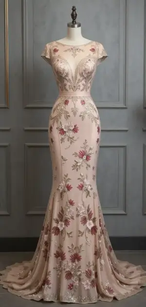 Pink mermaid gown with floral prints and cap sleeves