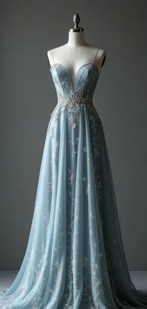 Light blue gown with silver embellishments and sweetheart neckline