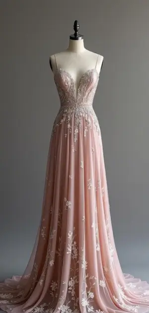Ivory gown with floral embroidery and a V-neckline