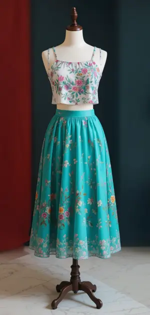 A lightweight floral skirt outfit in soft hues for spring.