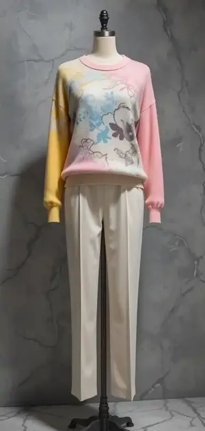 Pastel watercolor print sweater with cream trousers