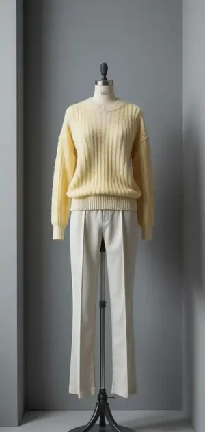 Soft yellow sweater with cream trousers