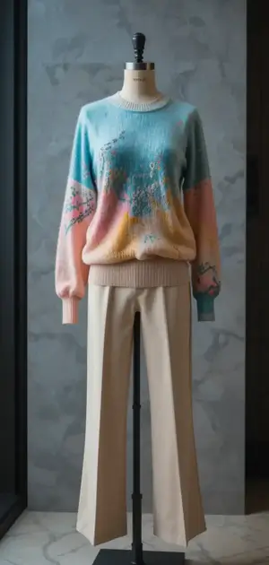 Pastel watercolor print sweater with cream trousers