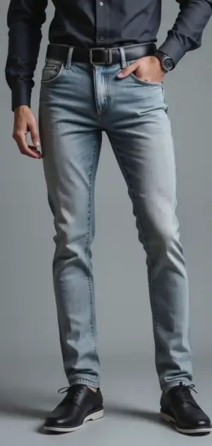 Man in white slim-fit spring jeans with a black belt and dress shoes.