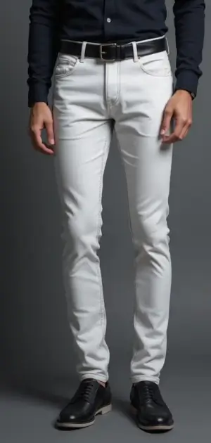 Man in faded light blue spring jeans with a black belt and black sneakers