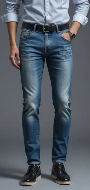Man in light-washed spring jeans with a black belt and lace-up sneakers