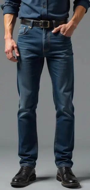 Man in light blue straight-leg jeans with a black belt and dress shoes