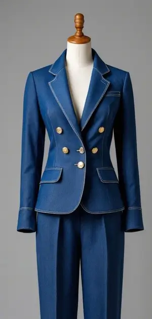 Navy double-breasted stretch denim blazer