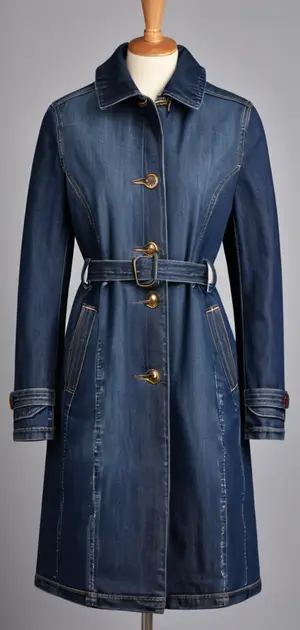 Navy blue stretch denim trench coat with detailed stitching