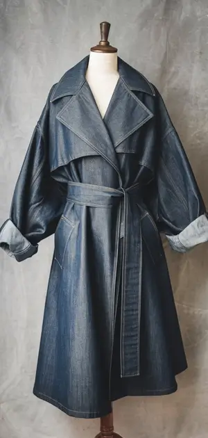 Light blue denim coat with wide lapels and a tie waist