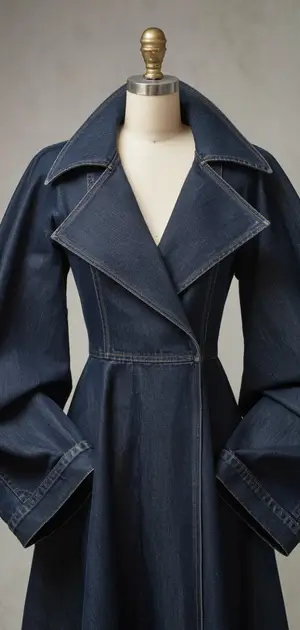 Elegant dark blue belted stretch denim coat