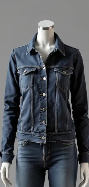 Dark blue stretch denim jacket displayed on mannequin