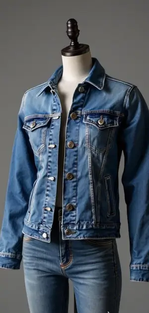 Medium blue stretch denim jacket shown on mannequin
