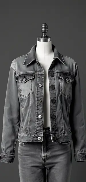 Faded black stretch denim jacket on mannequin