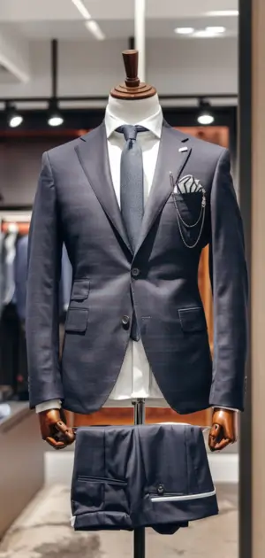 Navy blue performance stretch suit on display