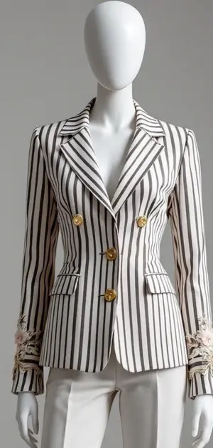 Ivory blazer with navy wide grid pattern and gold buttons