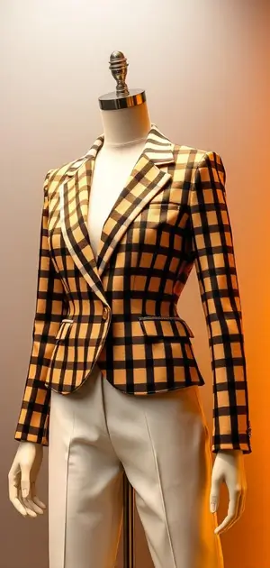 Mustard and black checkered blazer styled with white trousers