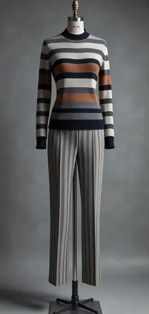Navy and tan striped sweater with pleated trousers
