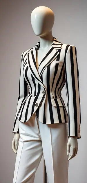 Women's black and white vertical striped blazer with tailored white trousers.