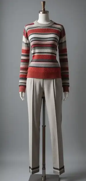 Red, grey, and white striped sweater with grey trousers