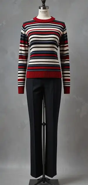Red, black, and white striped sweater with black trousers