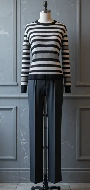 Black and white striped sweater with black trousers