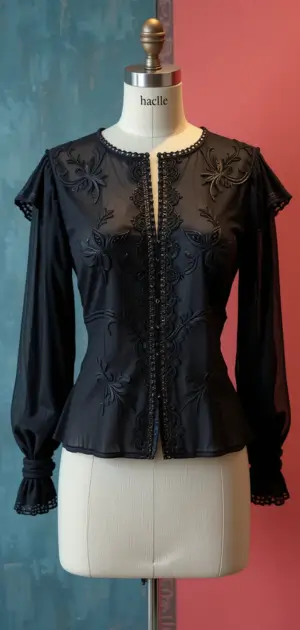Stylish black blouse for women featuring embroidered floral patterns and a fitted design.
