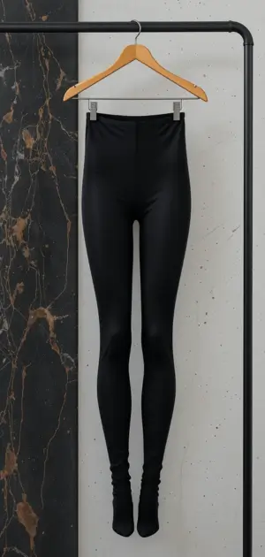 A pair of glossy black leggings hanging on a wooden hanger against a marble and white wall backdrop.