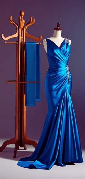 A model in a deep navy velvet evening dress.