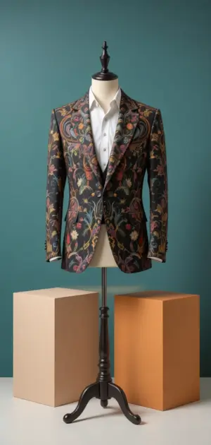 A men’s bohemian blazer on a mannequin featuring bold floral patterns and a white shirt.