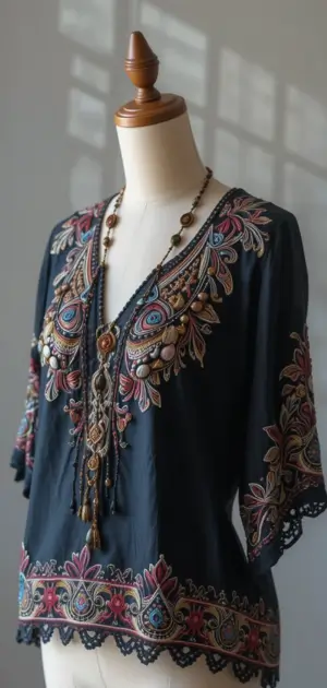 A black bohemian blouse featuring vibrant embroidery and a relaxed, flowy fit.