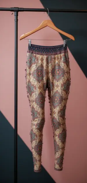 Stylish bohemian leggings in neutral earthy shades with elegant designs.