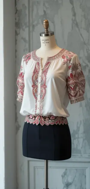 A white blouse with red embroidery and a fitted waist design.