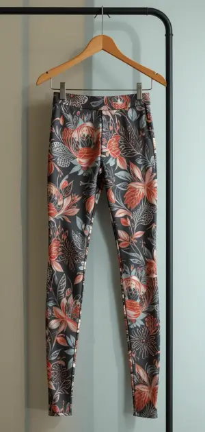 Women’s grey leggings featuring colourful red and orange floral designs.